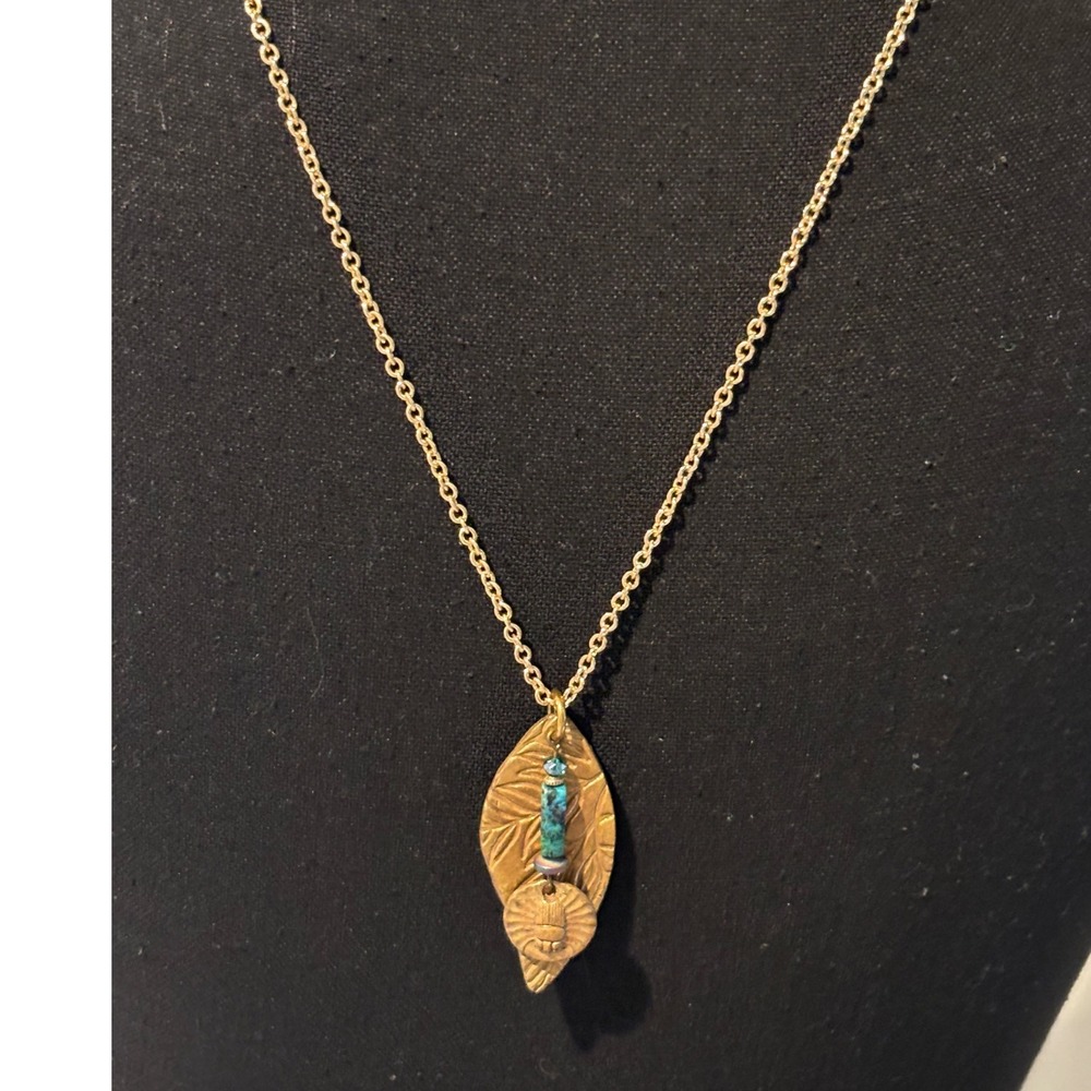 Gold Tone Leaf and Scarab Beetle Turquoise Bead Pendant Necklace Boho 16 Inch